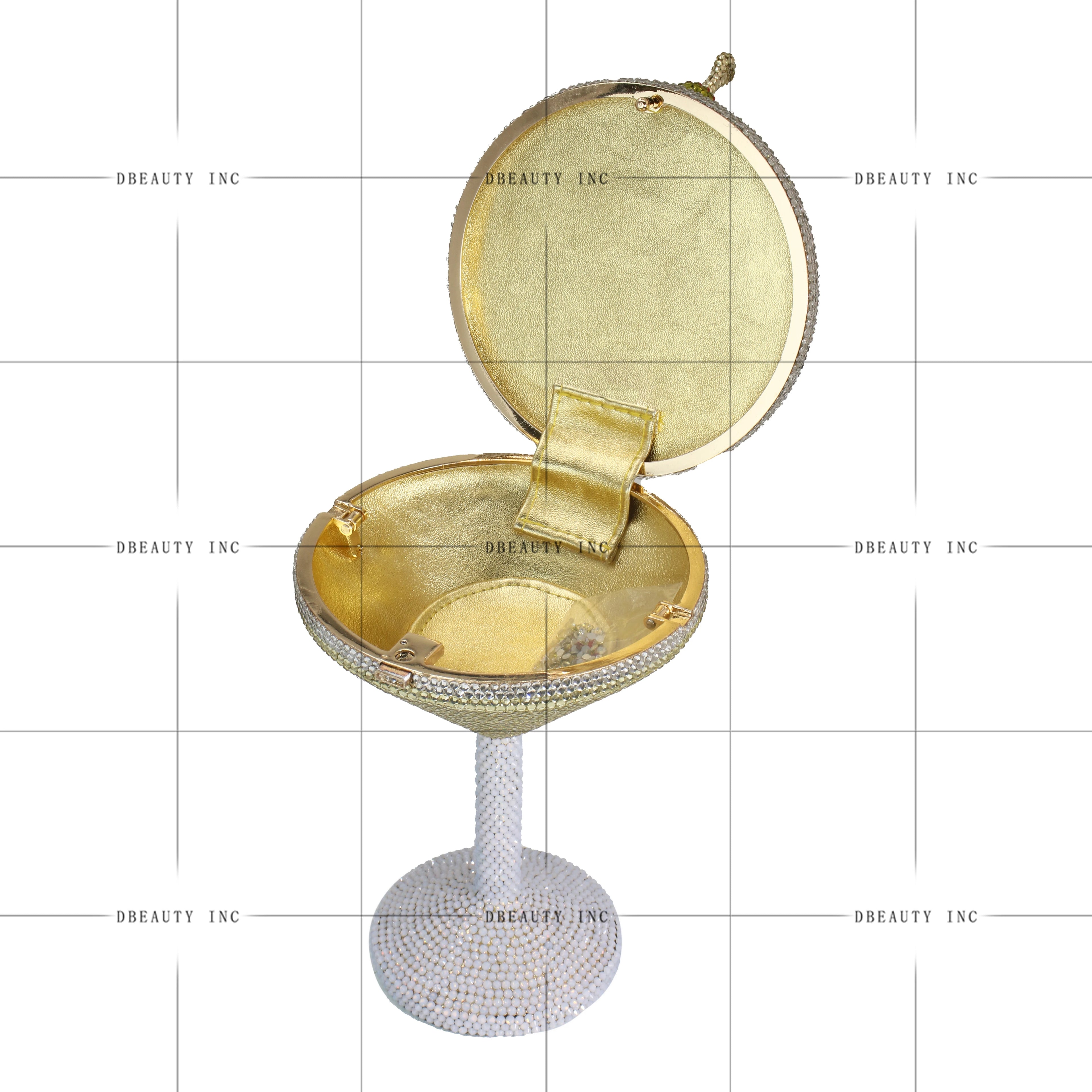 Gold goblet-shaped designer evening clutch with rhinestone crystal embellishments for formal parties and weddings.