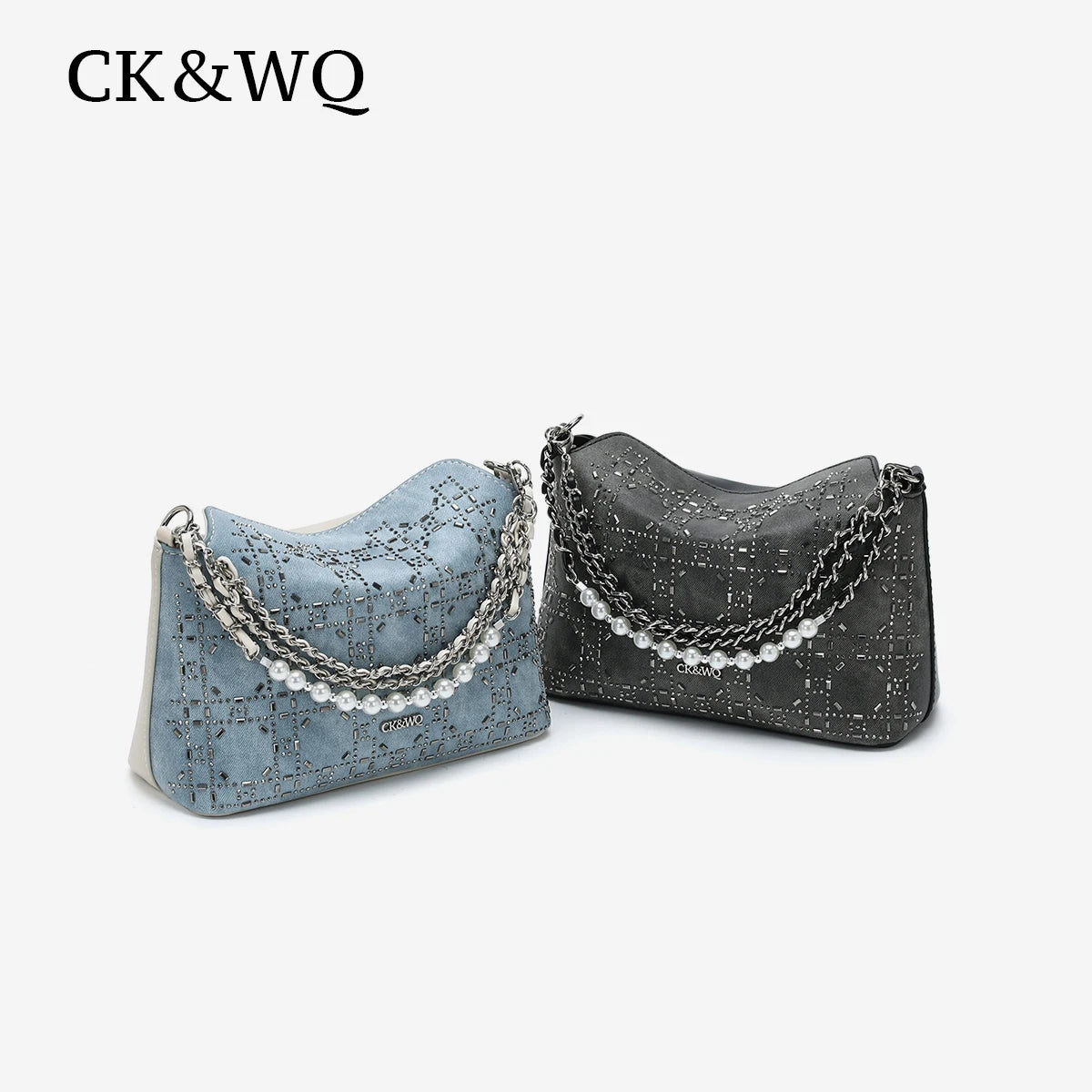 Blue and grey soft denim designer hobo bags with rhinestone grid pattern, pearl accents, and adjustable chain straps.