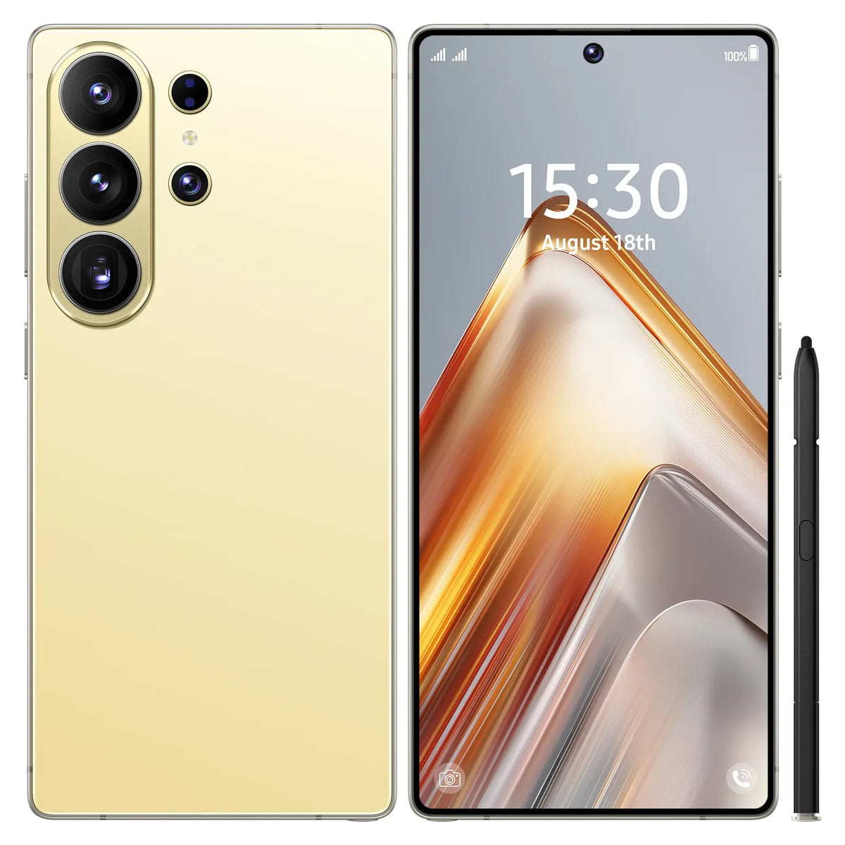 Gold smartphone with triple rear cameras and front display, plus slim stylus