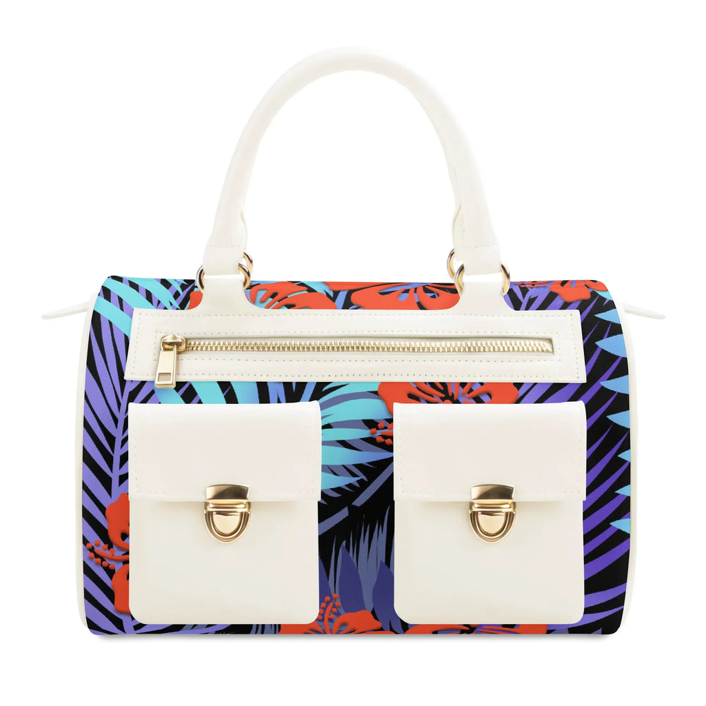 White PU leather designer tote bag with front pockets, gold zipper, and tropical hibiscus floral palm print.