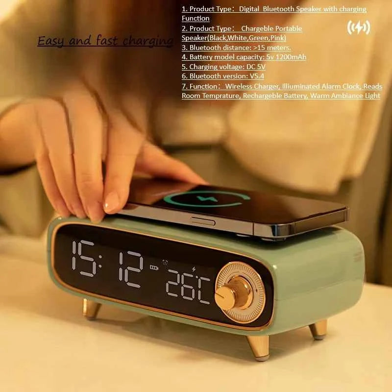 Eson 5V 1200mAh Bluetooth Speaker with Wireless Charging, Alarm Clock, and Temperature Display My Store