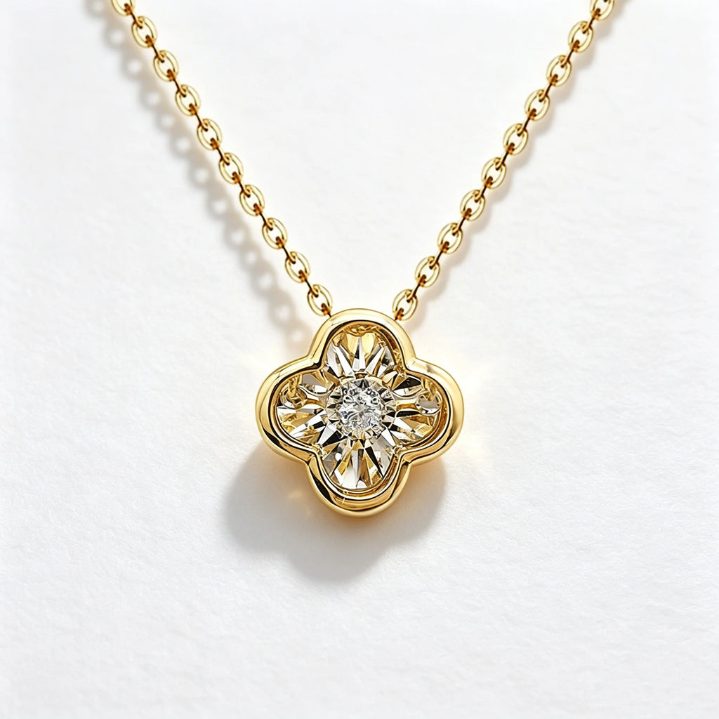 Newest 18K Solid Gold Four Leaf Clover Dancing Diamond Pendant Necklace Trendy Women Jewelry Wholesale Drop Shipping