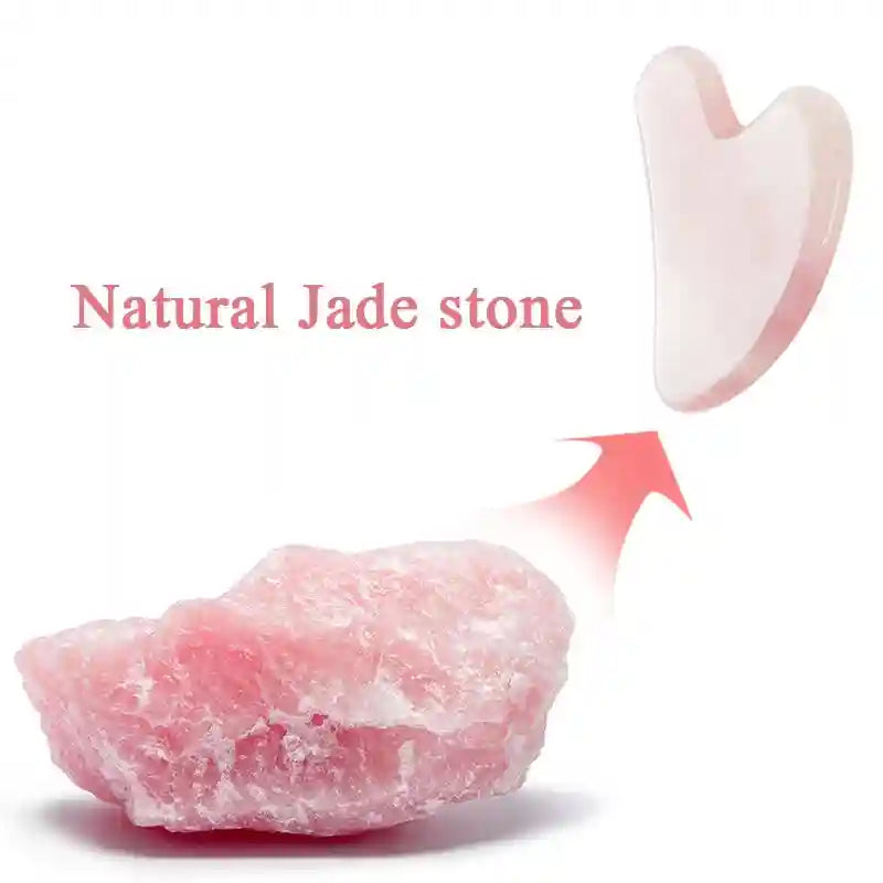A rough piece of raw pink rose quartz stone transforming into a smooth, heart-shaped rose quartz gua sha tool.