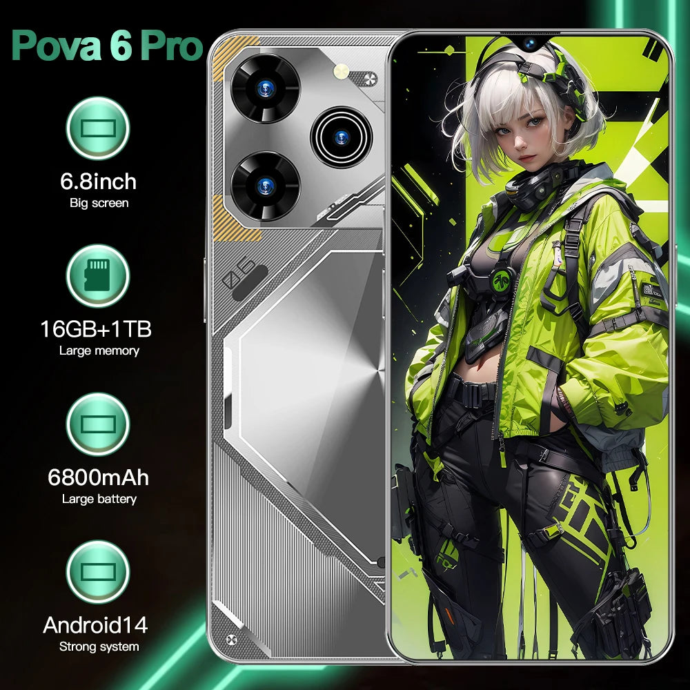 Unlocked Pova 6 Pro 5G Smartphone 16GB RAM 1TB ROM Long Battery Life Dual SIM Android Smart 5G Phone Tidesmit