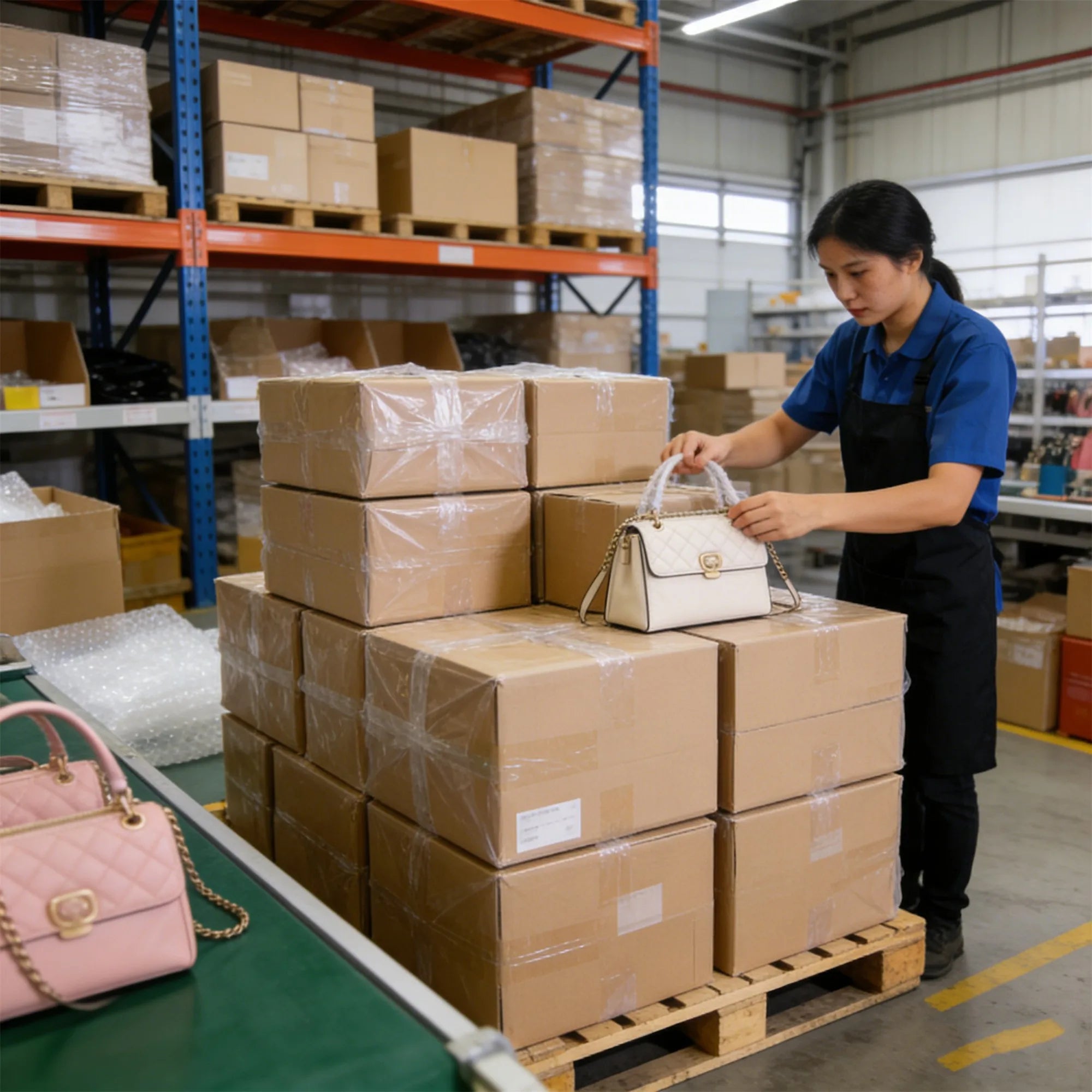White and pink quilted designer shoulder bags with gold chain straps, organized in a warehouse packing station.