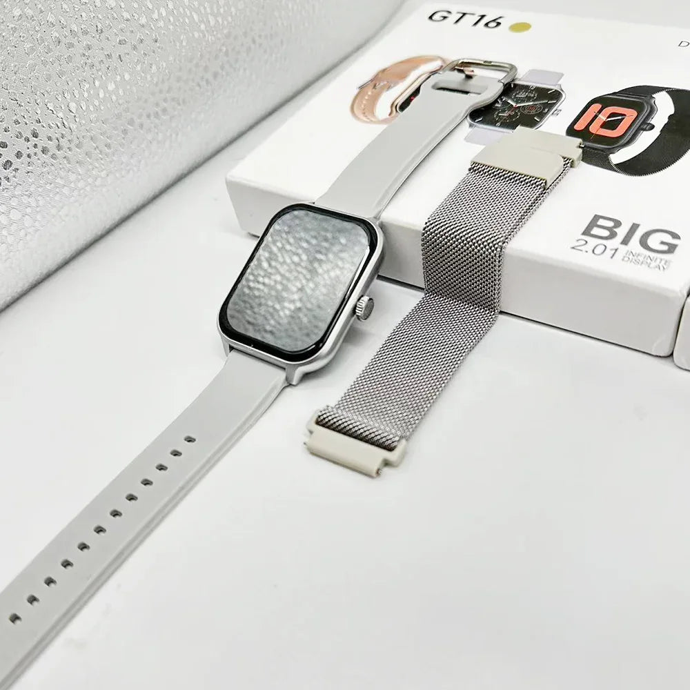 Fashion Smart Watch GT16 Fitness Tracker 2.01inch TFT Display IP68 Waterproof Android Relojes Smartwatch with Double Straps - Tidesmit