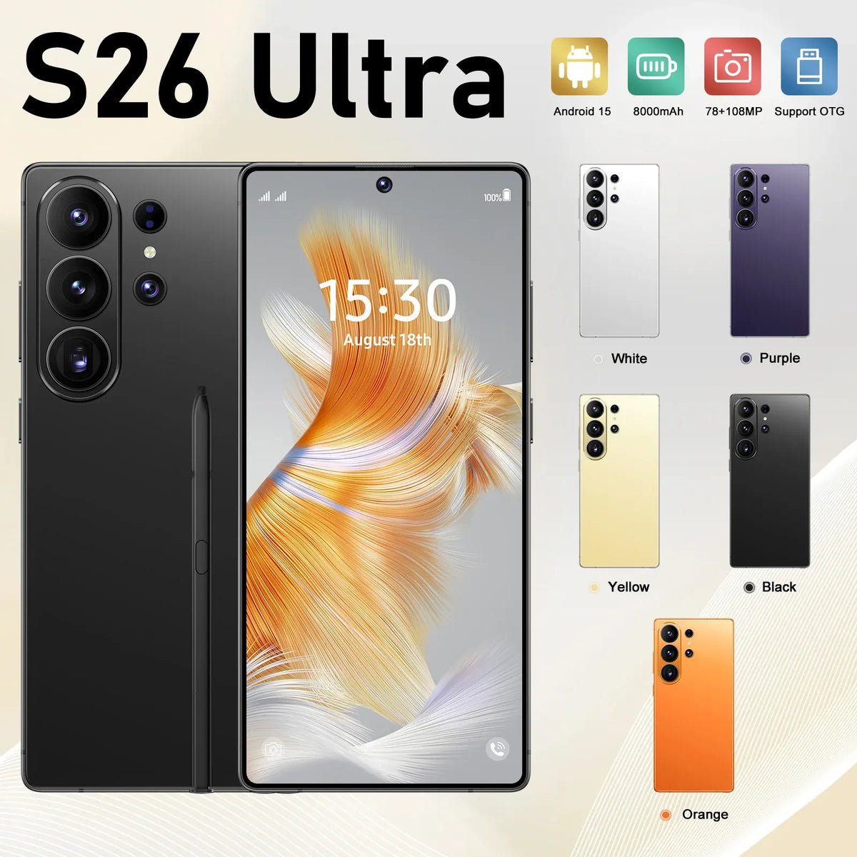 S26 Ultra 5G smartphone with triple rear cameras and front display, black.