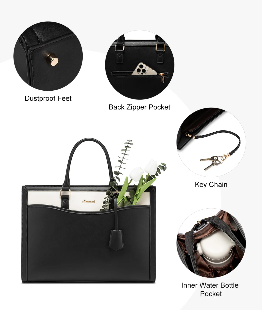 LOVEVOOK black and white leather laptop tote bag with waterproof design, pockets, key chain, and protective base feet.