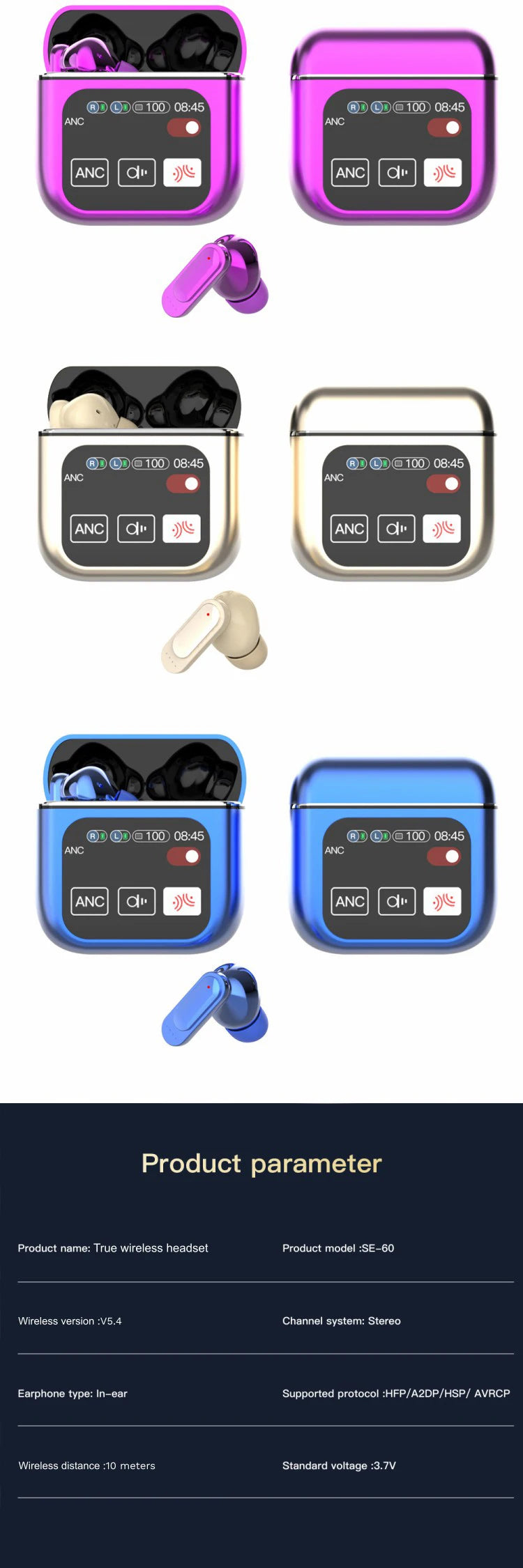 2025 SE60 TWS Earphones ANC ENC LCD Touch Screen True Wireless Earphones with Noise Cancelling Sport Earbuds SE 60 Tidesmit