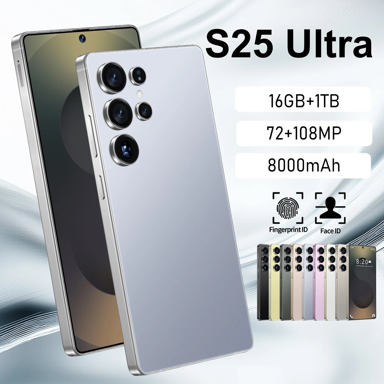 Tidesmit S25 Ultra smartphone with 7.3-inch screen, 22GB RAM, 1TB storage, 108MP camera, and 5G Android 15 performance.