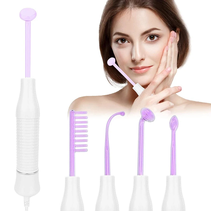 A white high-frequency facial wand with four purple neon glass electrode attachments used on a woman's face.