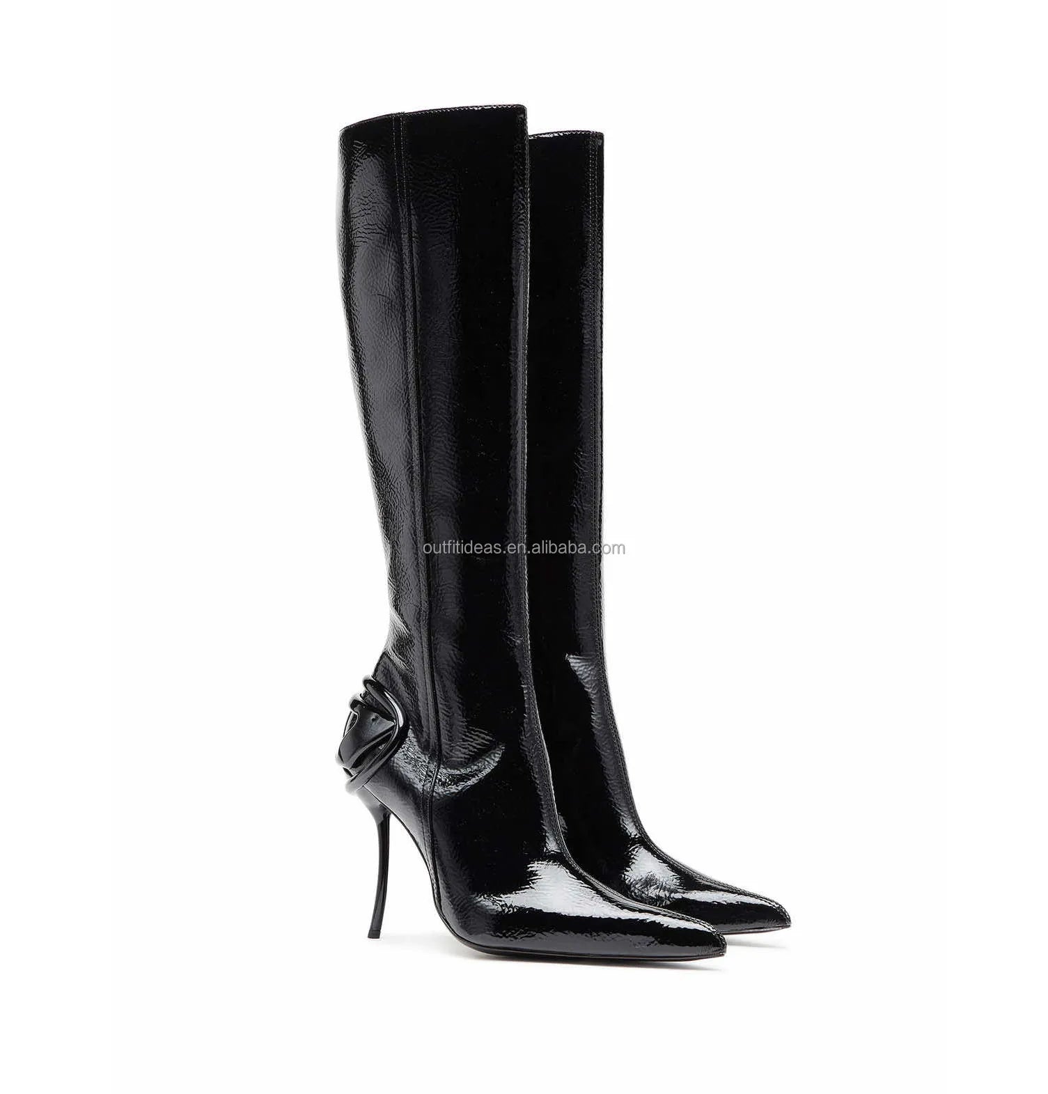 Sharply Pointed Toe Original Genuine Leather Luxury Side Zip Sexy Women D-Ten & Half-Glossy 105mm Stiletto Heel Knee-high Boots