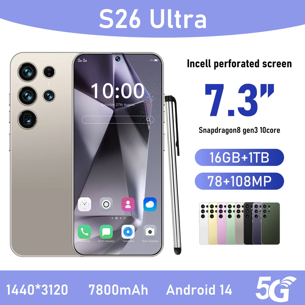 2025 New Original Phones S26 ultra 5g Smartphones 22GB+2TB 5G Dual SIM Cellphone Mobile Phone Face Unlock Android 14 5G Phone Gray 16g 1TB Tidesmit