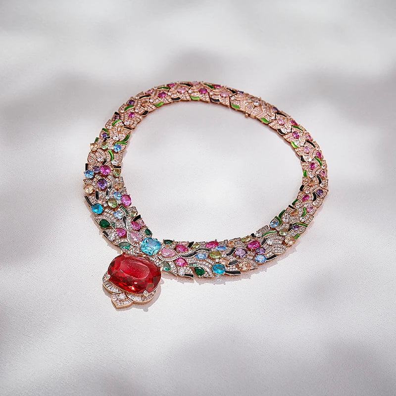 Vintage High-end Colorful Large Carat Ruby Pendant Evening Dress Chain Gorgeous Exaggerate Bride Wedding Jewelry Necklace