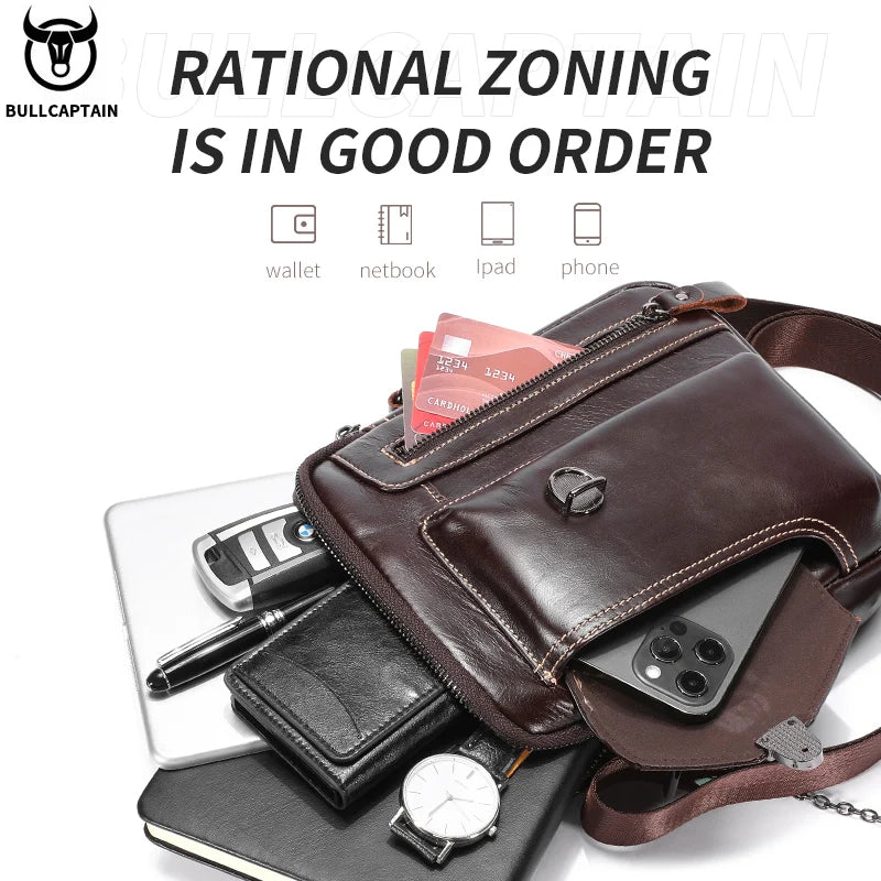 BULLCAPTAIN vintage brown cowhide leather crossbody bag with multiple organizational pockets for men.