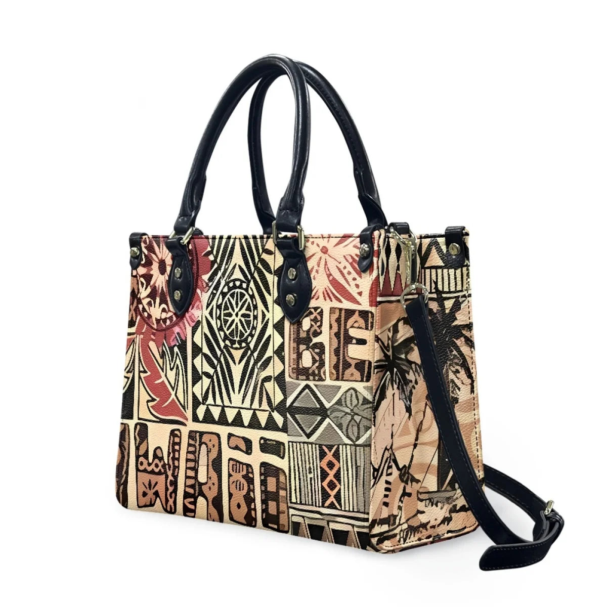 Large luxury leather tote with Polynesian Samoan tribal floral print, black handles, and detachable shoulder strap.