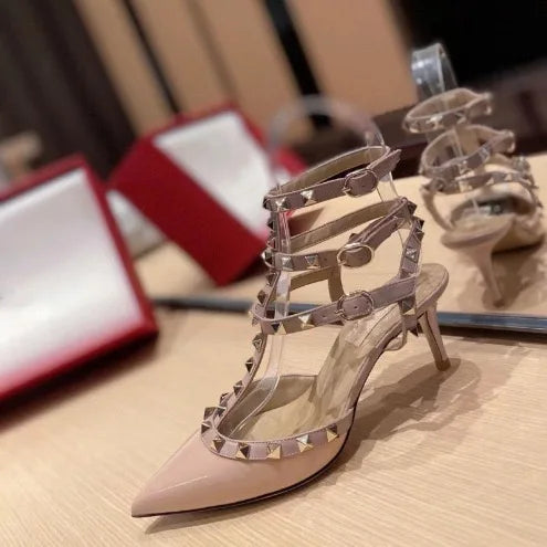 High-heel studded leather women's pumps, painted leather sexy women's sandals