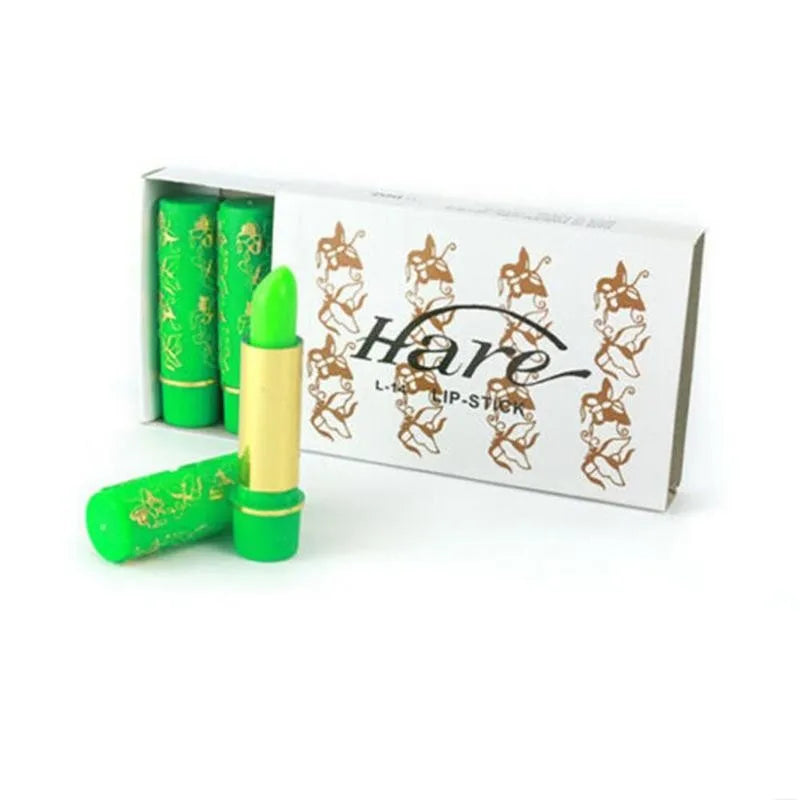 6pc Hare magic color-changing lipstick set with green tubes and butterfly print box. Long-lasting lip makeup.
