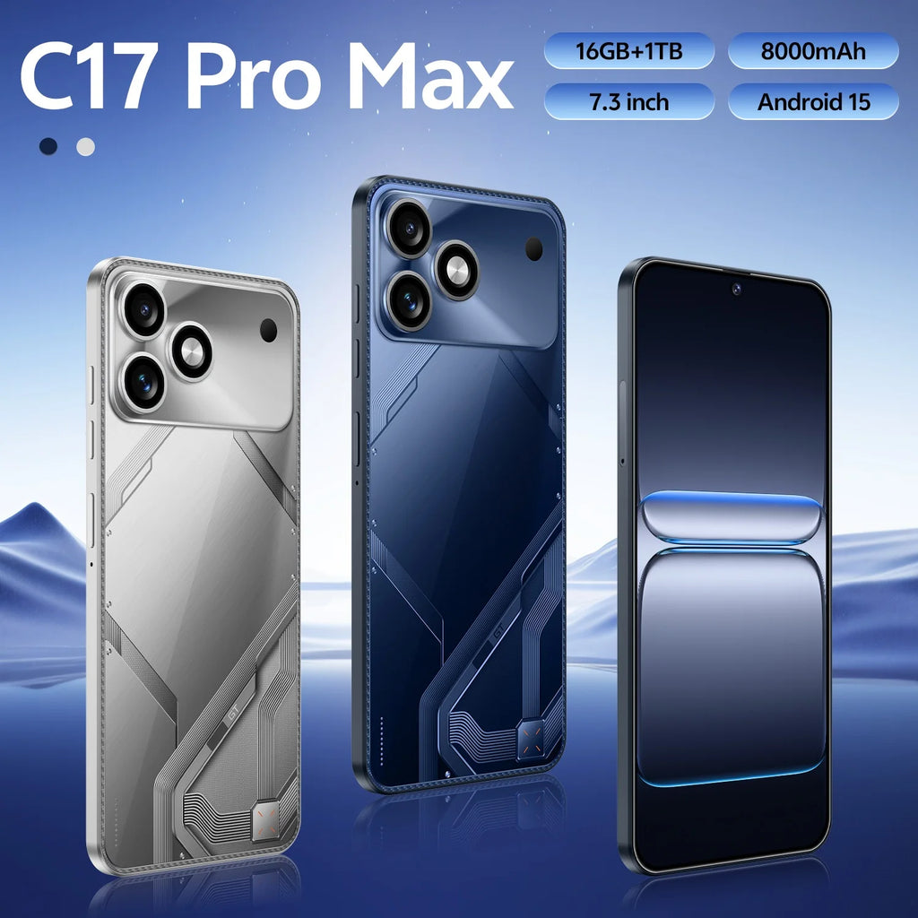 Tidesmit C17Pro smartphone with 16GB+1TB storage, 7.3-inch display, and 8000mAh battery in sleek modern finish.