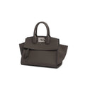 Taupe genuine leather luxury designer tote bag with silver metal clasp and structured handles.