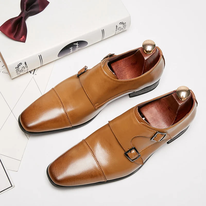 Men's Trendy Office Dress Shoes Big Size Breathable Wedding Shoes with Big Monk Strap Style Leather Style