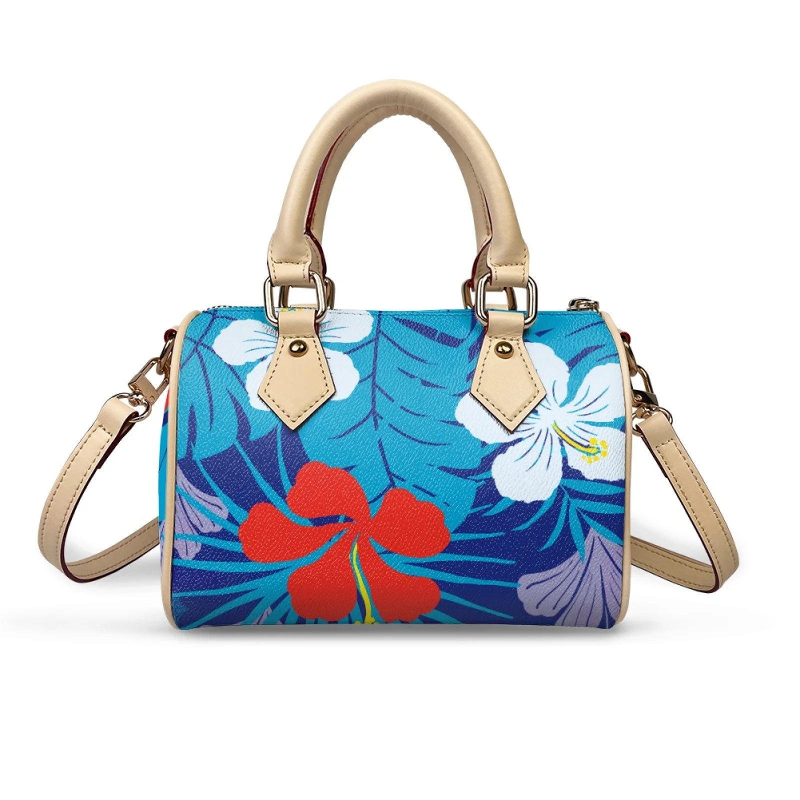 Blue Polynesian floral trunk handbag with red hibiscus, PU leather, zip closure, and beige top handles and strap.