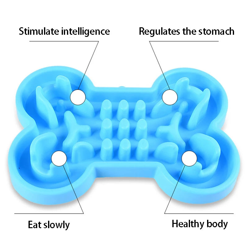 Blue bone-shaped soft rubber slow feeder bowl for dogs and cats to prevent bloating and promote healthy digestion.