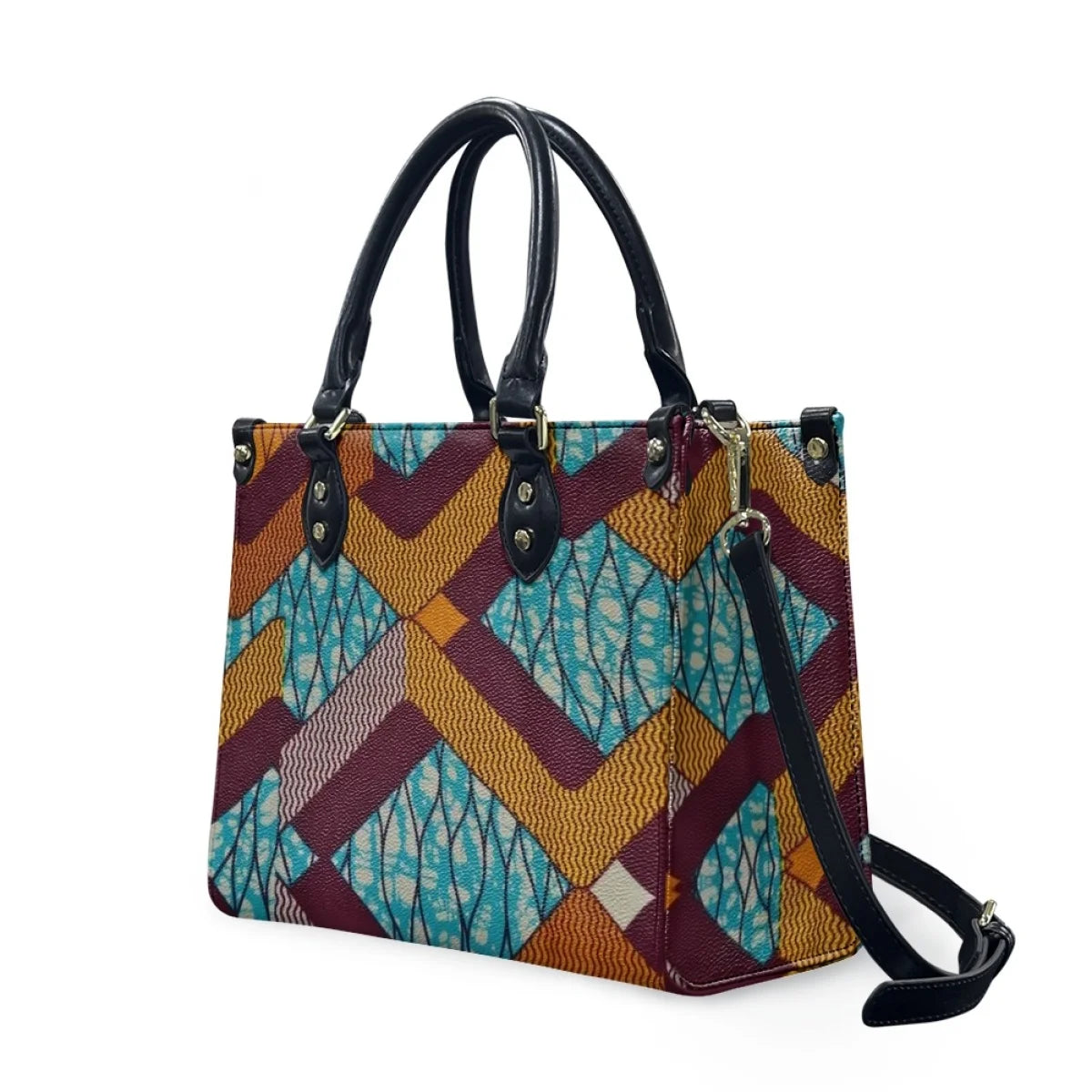 Luxury leather handbag with vibrant tribal, floral geometric patterns, black straps, and gold hardware.