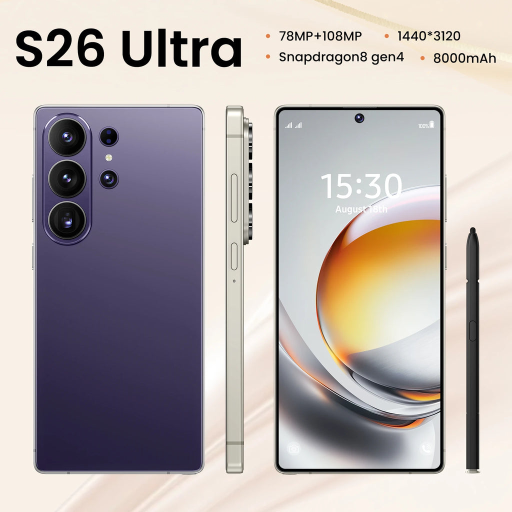 S26 Ultra smartphone featuring Android 15, 108MP camera, and high-performance 22GB RAM with 2TB storage.