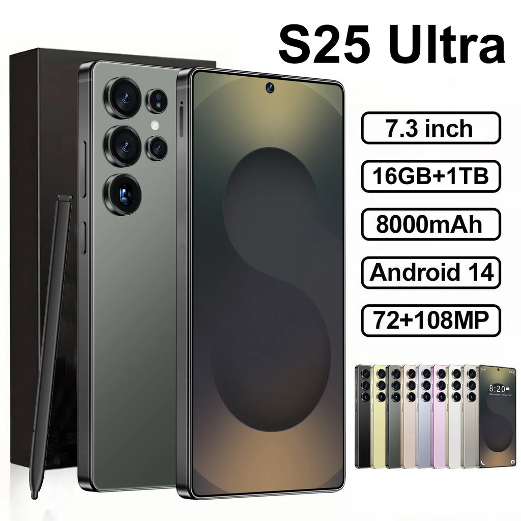 Tidesmit S25 Ultra 5G smartphone with 108MP camera, 22GB RAM, and 7.3-inch HD screen in elegant finish.