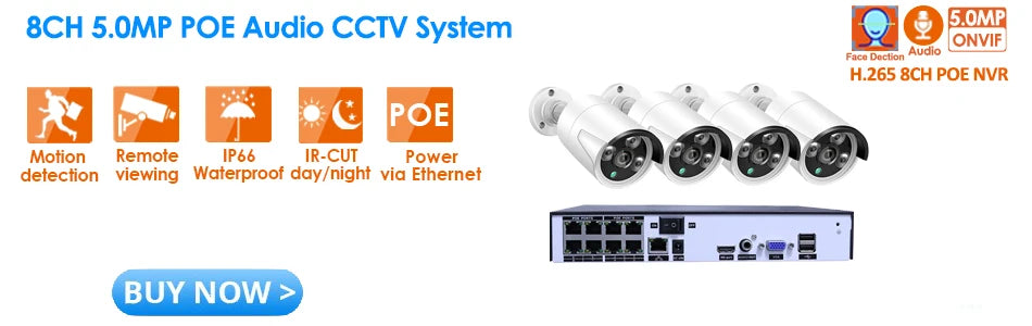 XMEYE 8MP 4K 2.8MM lens POE Wired IP ONVIF H.265 Audio Record CCTV Face Detection Waterproof IP66 Outdoor Security Video Camera