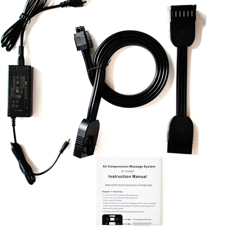 Power adapter, black air hose connectors, and manual for air compression leg massage recovery boot system.
