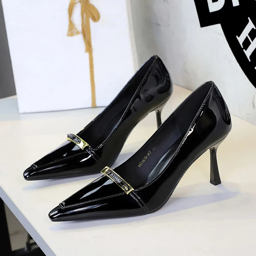 European American Style High Heels for Women Sexy Metal Buckle Patent Leather Pointed Shoes Summer Temperament Thin Heel
