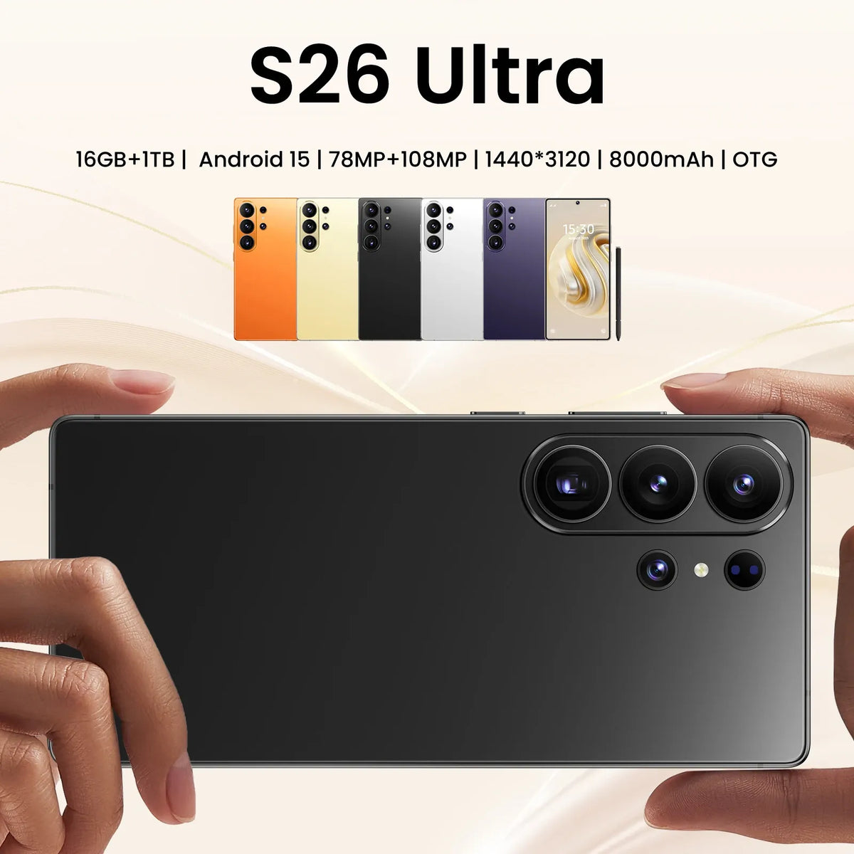 Black smartphone back with triple cameras, held in left hand