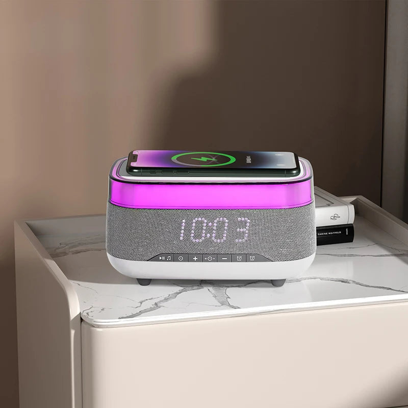 2025 New Multifunction Chargers RGB Led Night Light 15w Fast Wireless Charger Blue Tooth Music Speaker with Alarm Clock Tidesmit