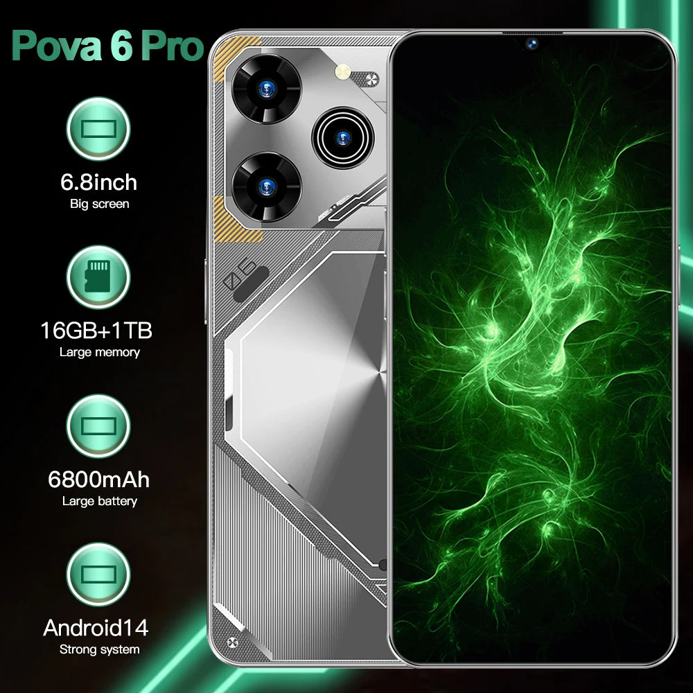 Unlocked Pova 6 Pro 5G Smartphone 16GB RAM 1TB ROM Long Battery Life Dual SIM Android Smart 5G Phone Tidesmit