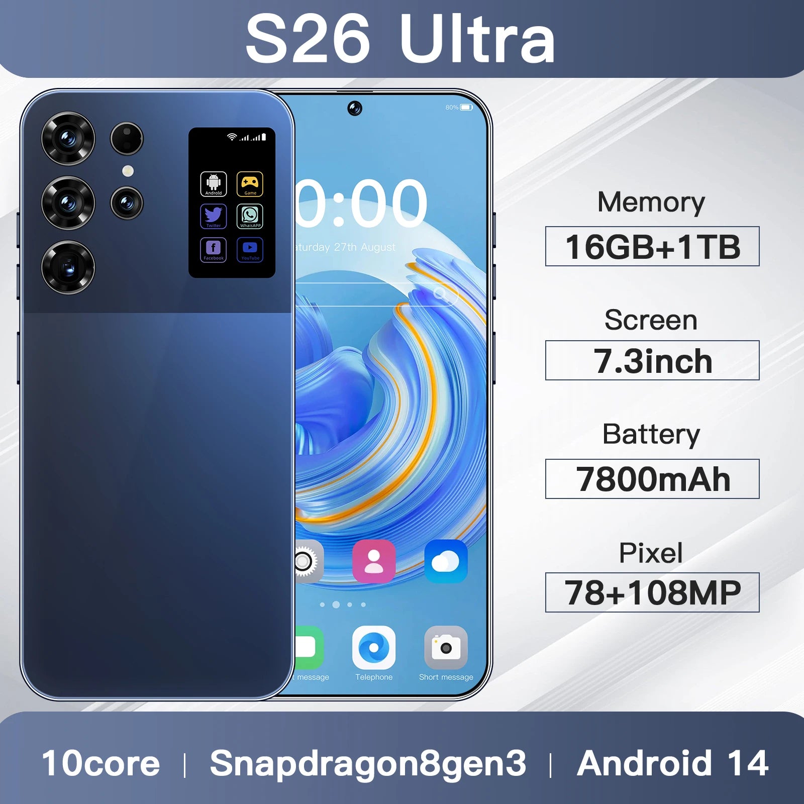 S26 Ultra Smart 5G Smartphone 16GB+1TB Cellphone Android 14 7.3 Inch HD Screen Unlocked 4G+5G Connectivity Phone Tidesmit