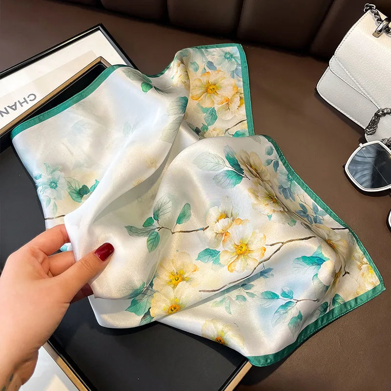 Women's Spring Autumn Mulberry Silk Square Scarf, Elegant Geometric Print, Soft & Smooth Neck Scarf
