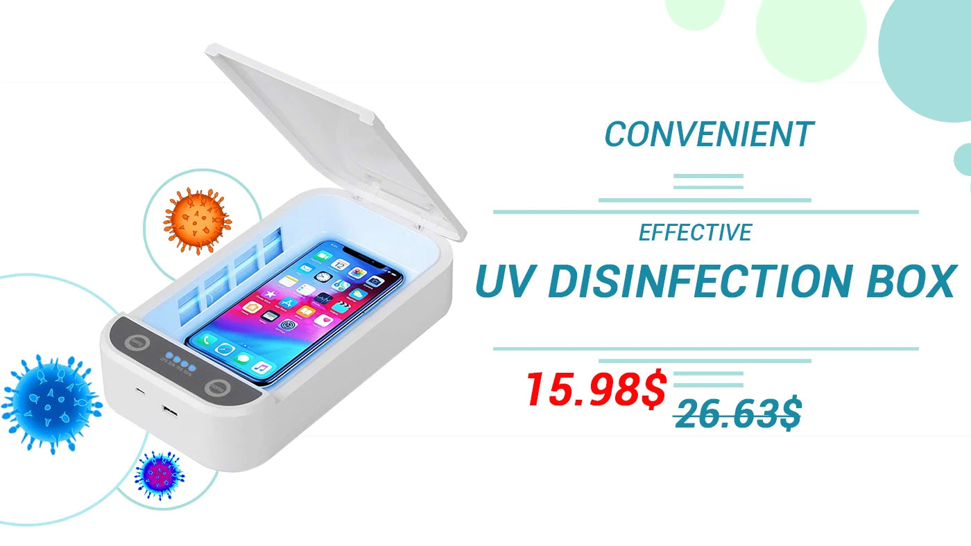White UV phone disinfection box with open lid and blue light, sanitizing a smartphone.