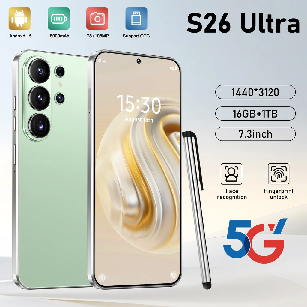 Original S26 Ultra 5G smartphone with 16GB RAM and 1TB storage featuring high-definition screen and dual SIM support