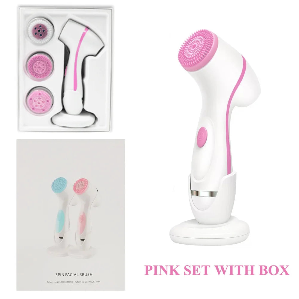 Pink sonic facial cleansing brush set with interchangeable heads, stand, and storage box for deep skin cleaning.