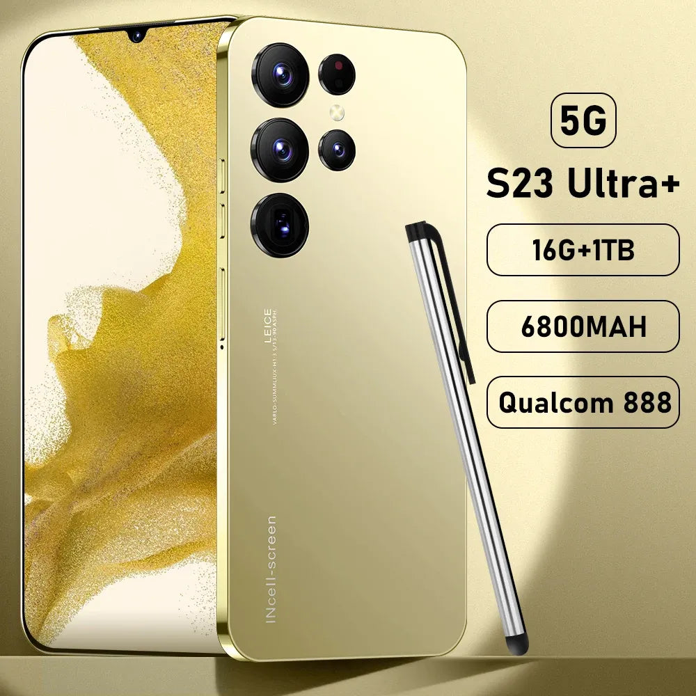 Beige 5G smartphone with quad rear cameras and front display, shown with a side stylus pen