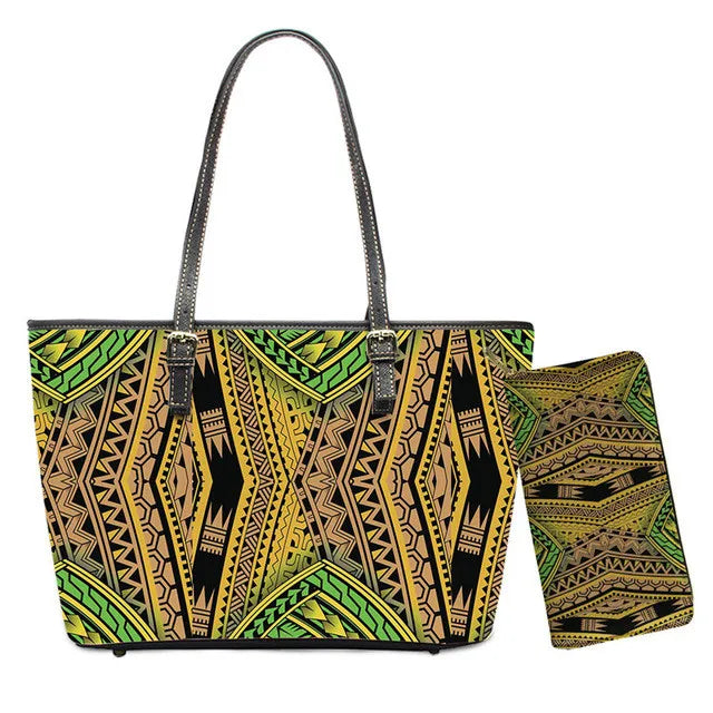 2-piece leather handbag and wallet set with vibrant green, gold, and black Polynesian tribal print patterns.