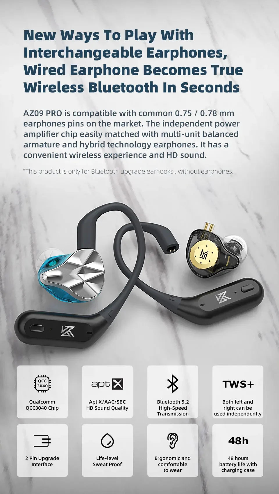 Bluetooth Wireless Adapter for KZ IEM C Pin Ear Hooks - Tidesmit Tidesmit