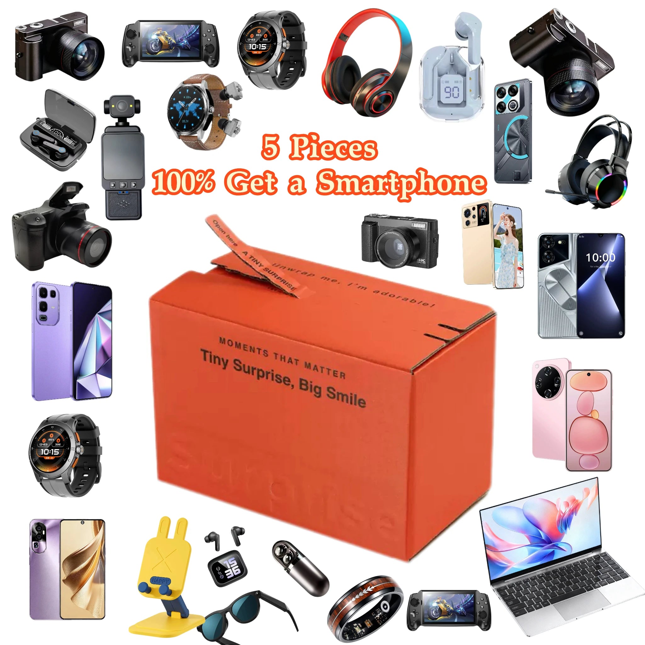 A bright orange rectangular mystery gift box surrounded by various electronics including smartphones, cameras, and