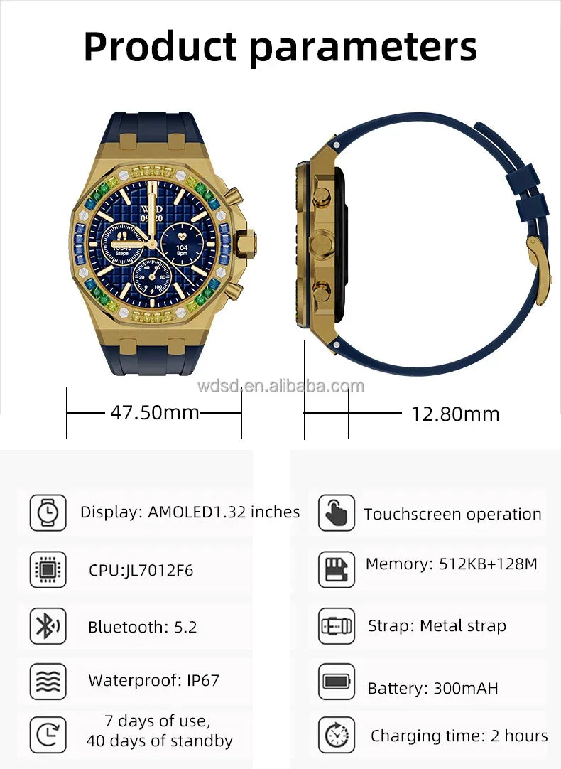 Wedtserha Classic Men's Business Smart Watch BT Call GPS Navigation Heart Rate Monitor Sports Fitness Tracker for AW47 - Tidesmit