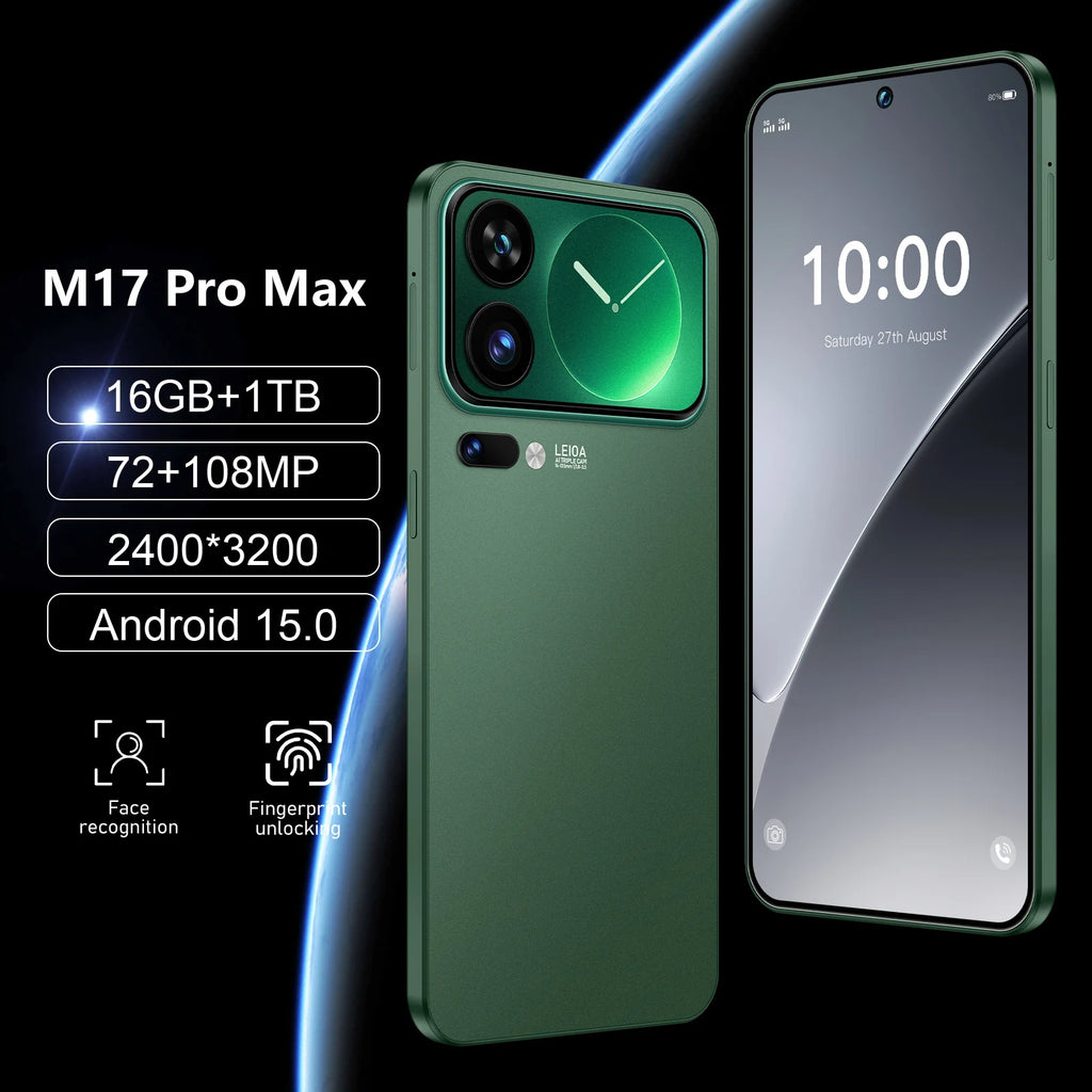 M17 Pro Max 5G smartphone with 90Hz full display, face recognition, and fingerprint sensor for mobile gaming
