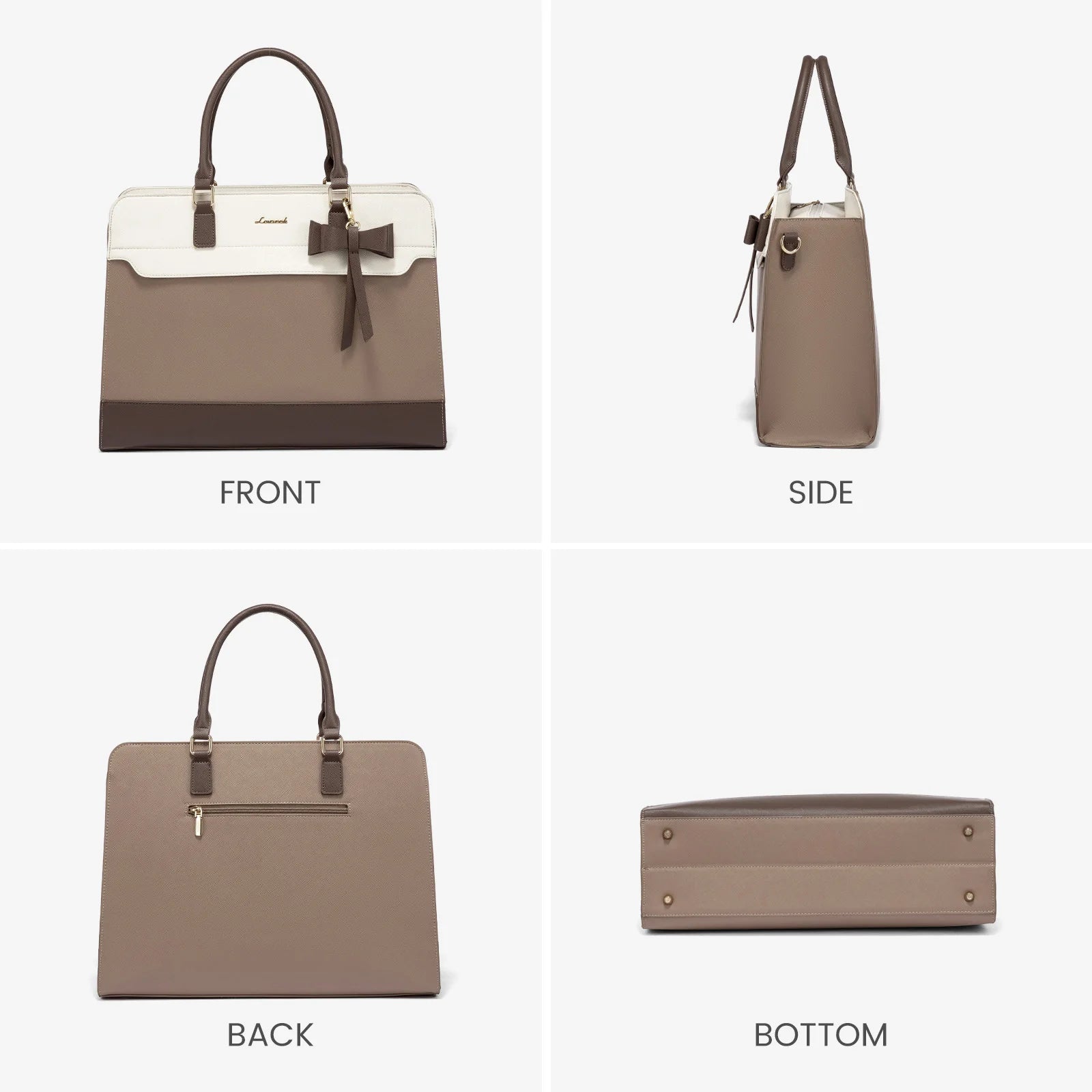 LOVEVOOK two-tone waterproof laptop tote in brown and cream, featuring a bow detail for office and professional use.