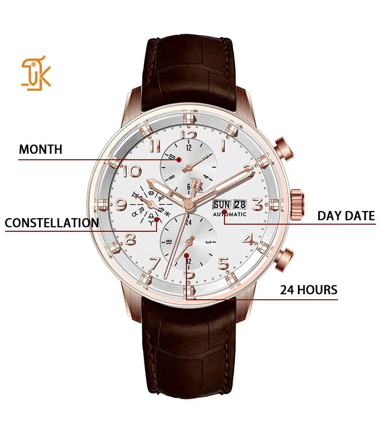 Mechanical Automatic Multifunctional Watch Stainless Steel Luminous Business Formal Dress Mens Wristwatch Clock Reojes De Hombre