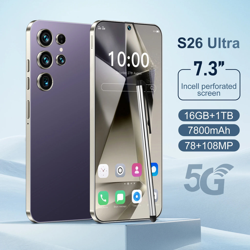 Unlocked S26 ULTRA 5G Mobile Phone 7.3 Inch Screen 108MP Camera 7800mAh Battery Dual Sim 1TB ROM Smart Features Purple 16g 1TB Tidesmit